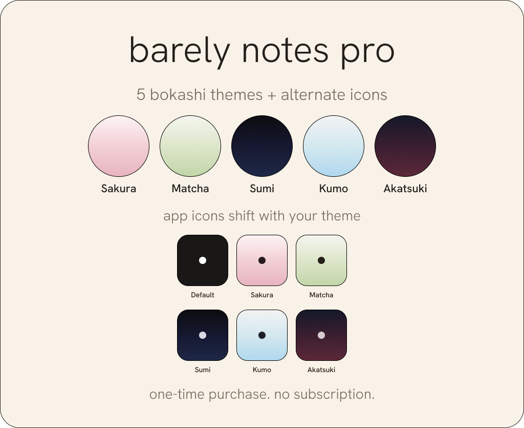 Barely Notes Pro — 5 bokashi themes and alternate icons. One-time purchase.