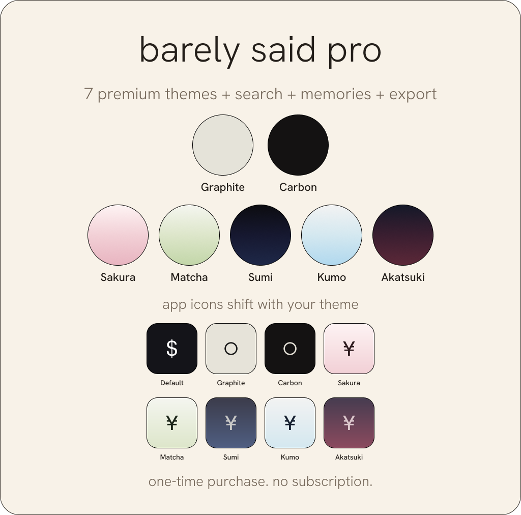 Barely Said Pro — 7 premium themes, search, on this day, and export. One-time purchase.